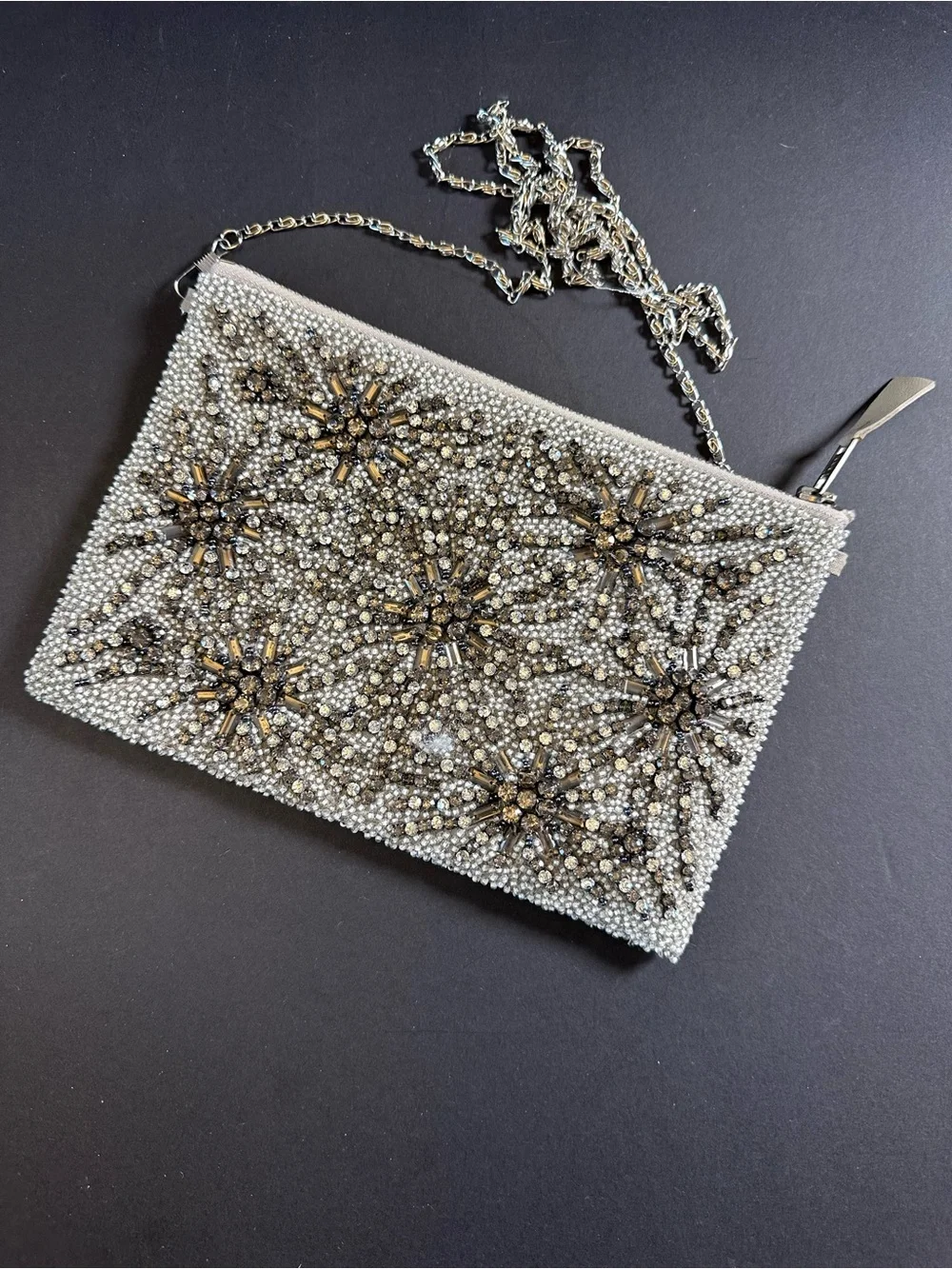 G-LISH Silver Rhinestone Beaded Evening Clutch Crossbody | Crystal Starburst